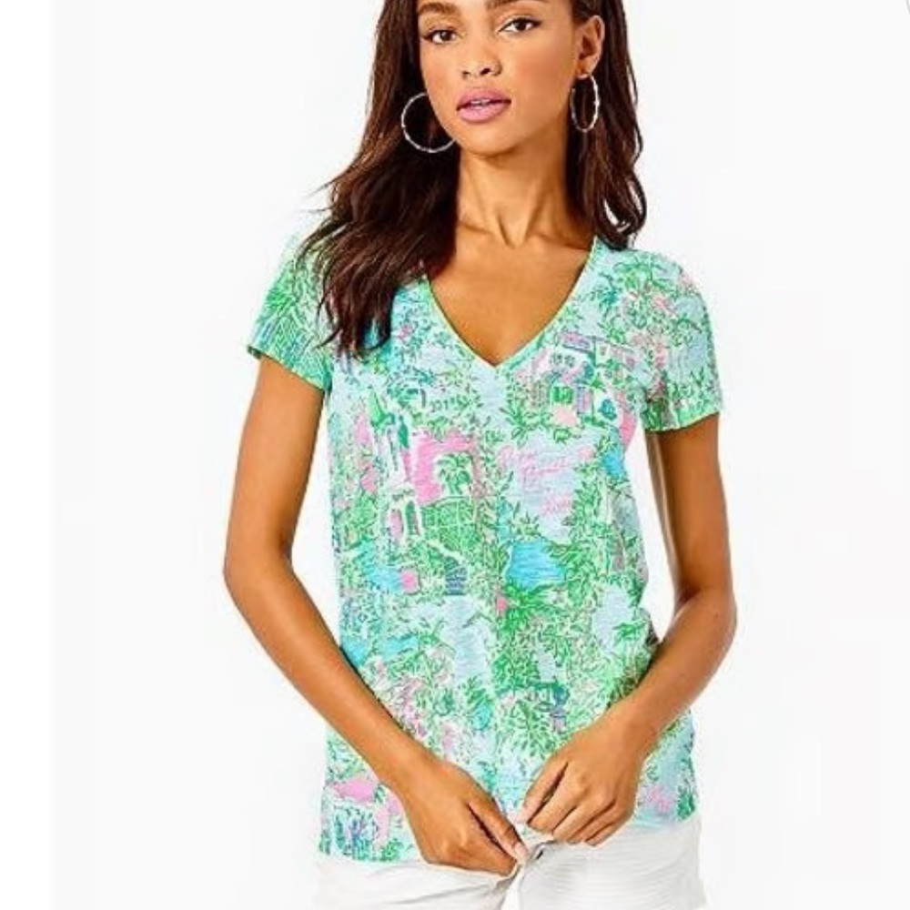 Lilly Pulitzer Etta V Neck Top T Shirt Multi Lilly Loves Palm Beach Size Medium